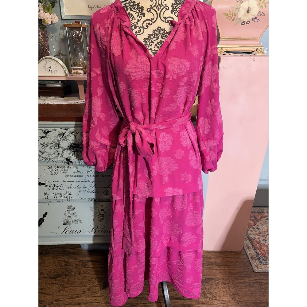 Pioneer Woman Dress XL Pink Tiered Long Sleeve Peasant Prairie Flowy Vacay Boho
